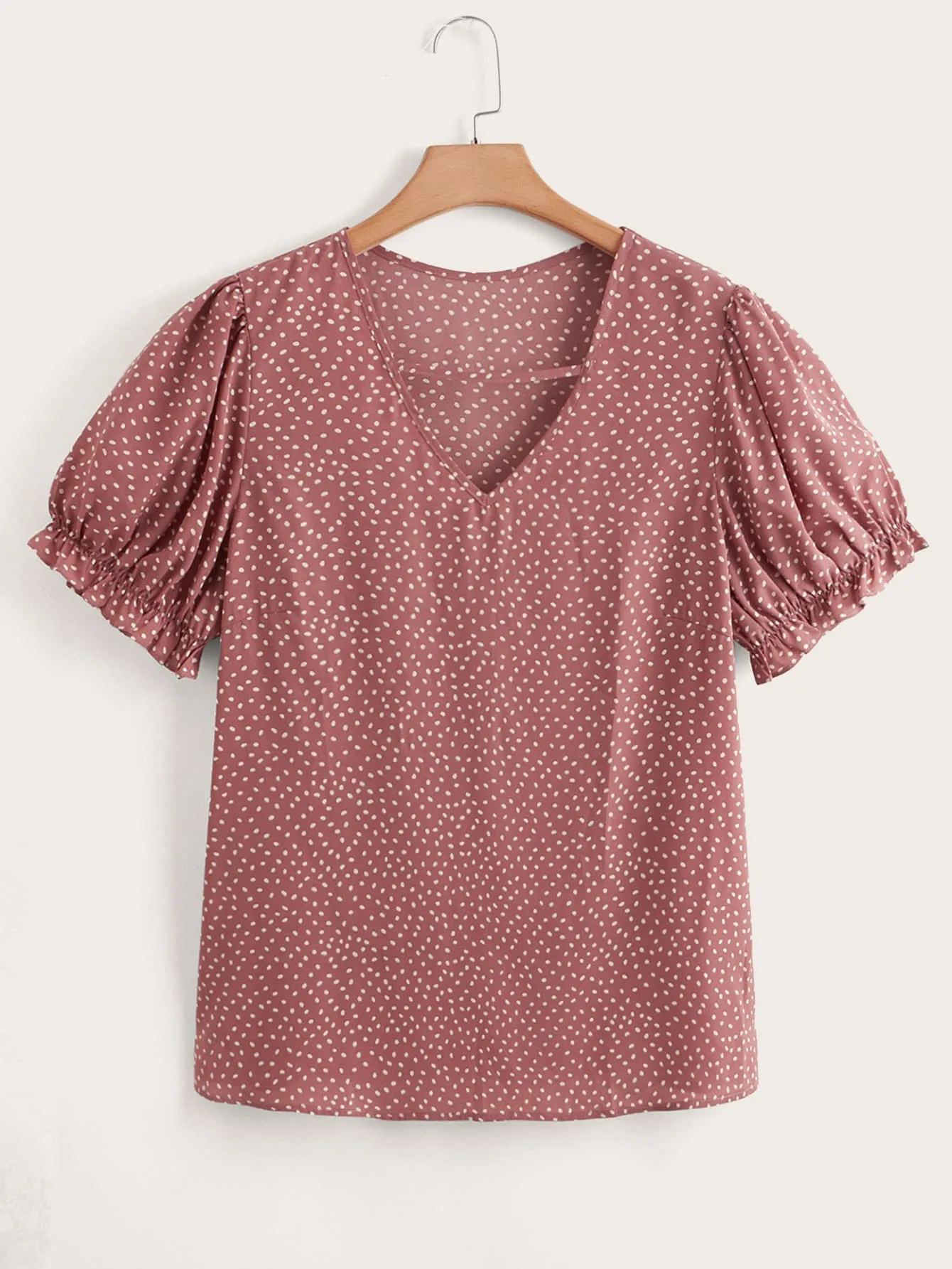 All Over Print Frill Short Sleeve V Neck Regular Plus Size Blouse