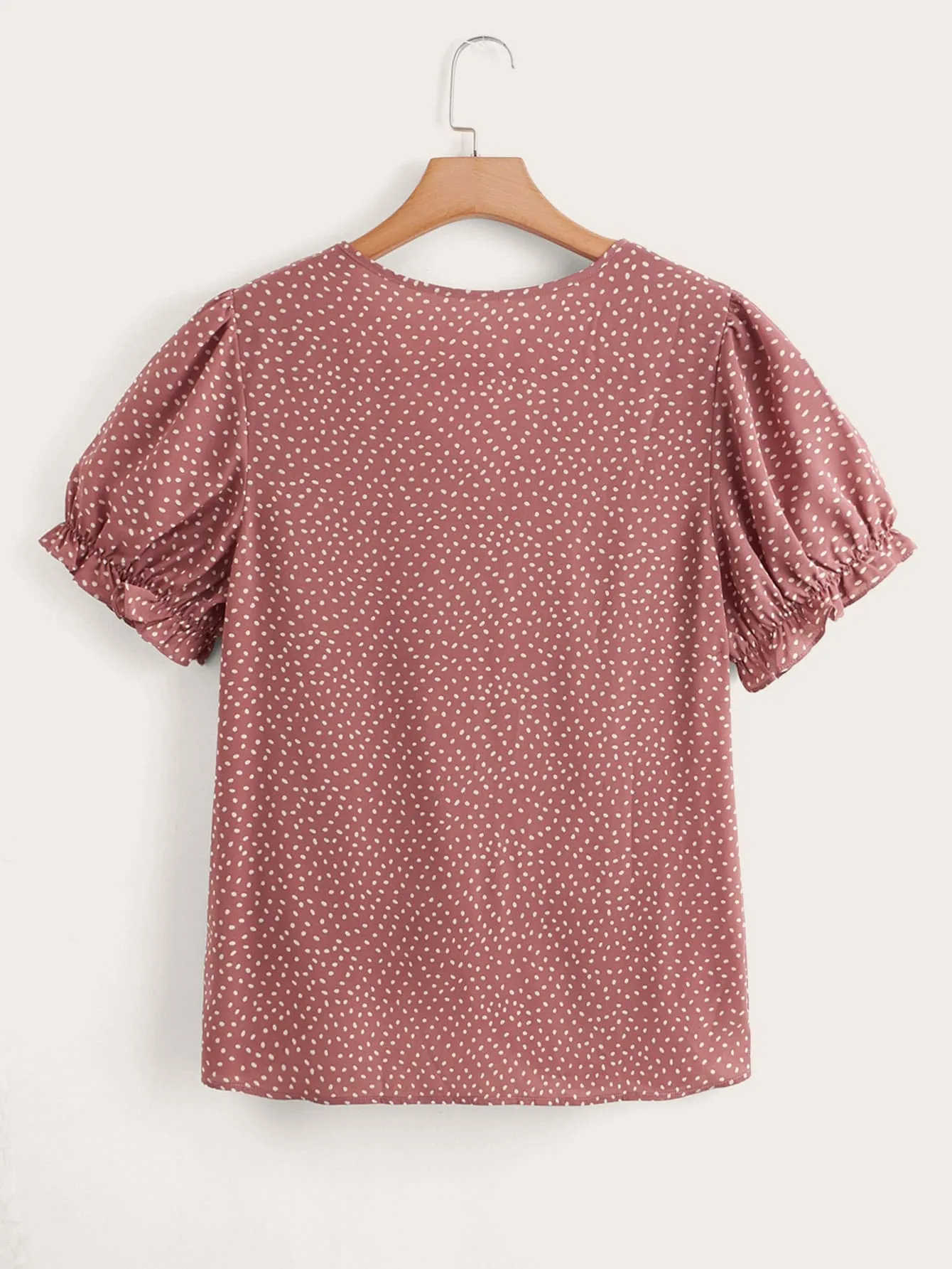 All Over Print Frill Short Sleeve V Neck Regular Plus Size Blouse