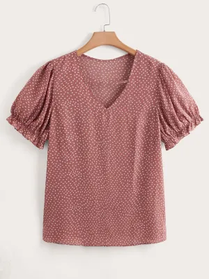 All Over Print Frill Short Sleeve V Neck Regular Plus Size Blouse