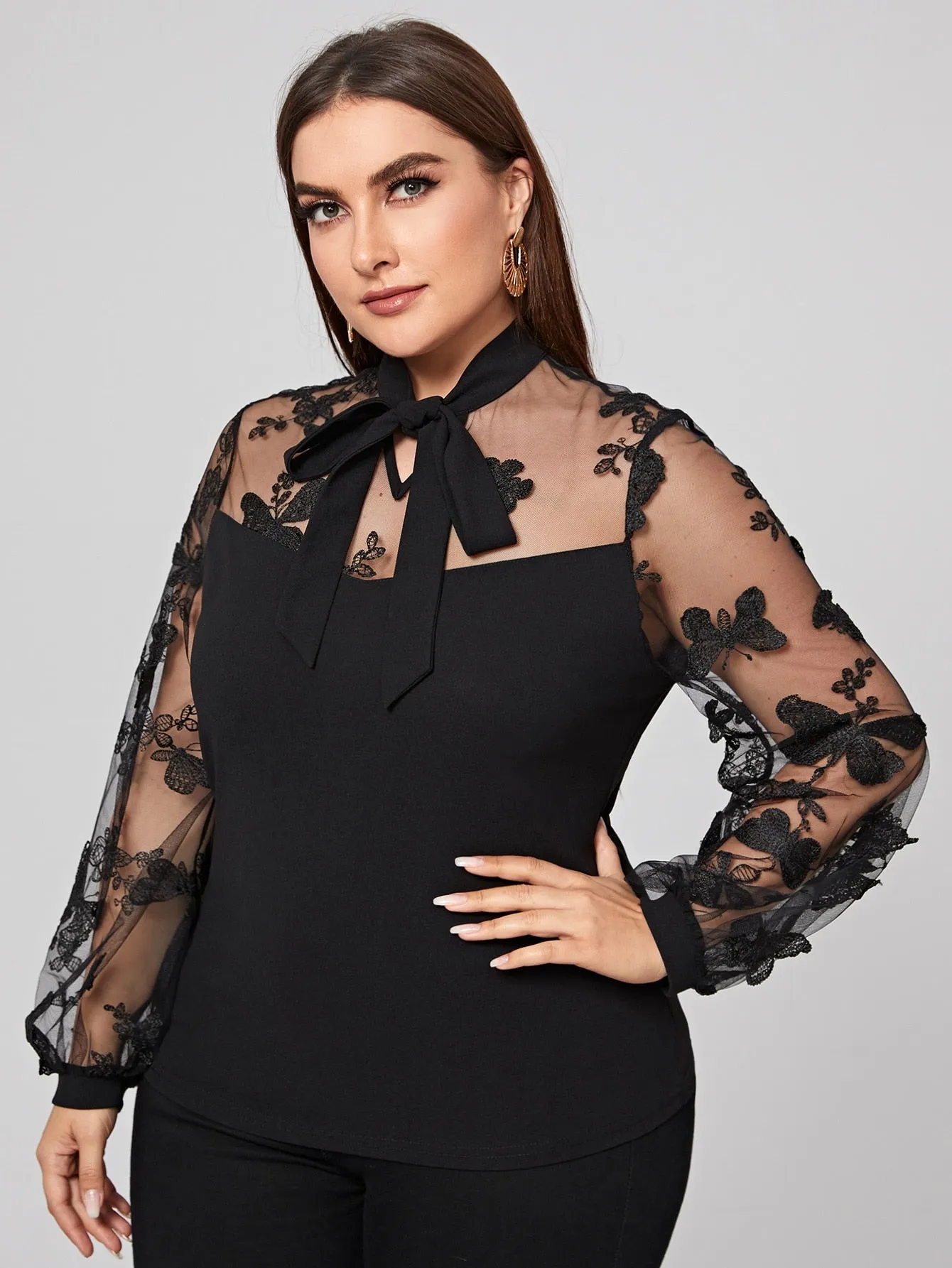 Animal Tie Front Long Sleeve Tie Neck Regular Plus Size Blouse