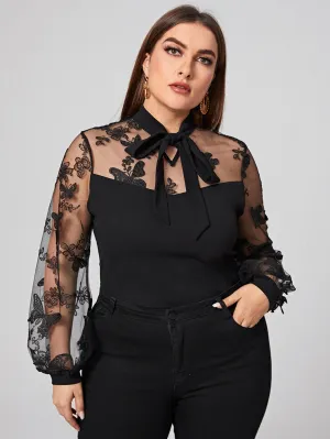 Animal Tie Front Long Sleeve Tie Neck Regular Plus Size Blouse