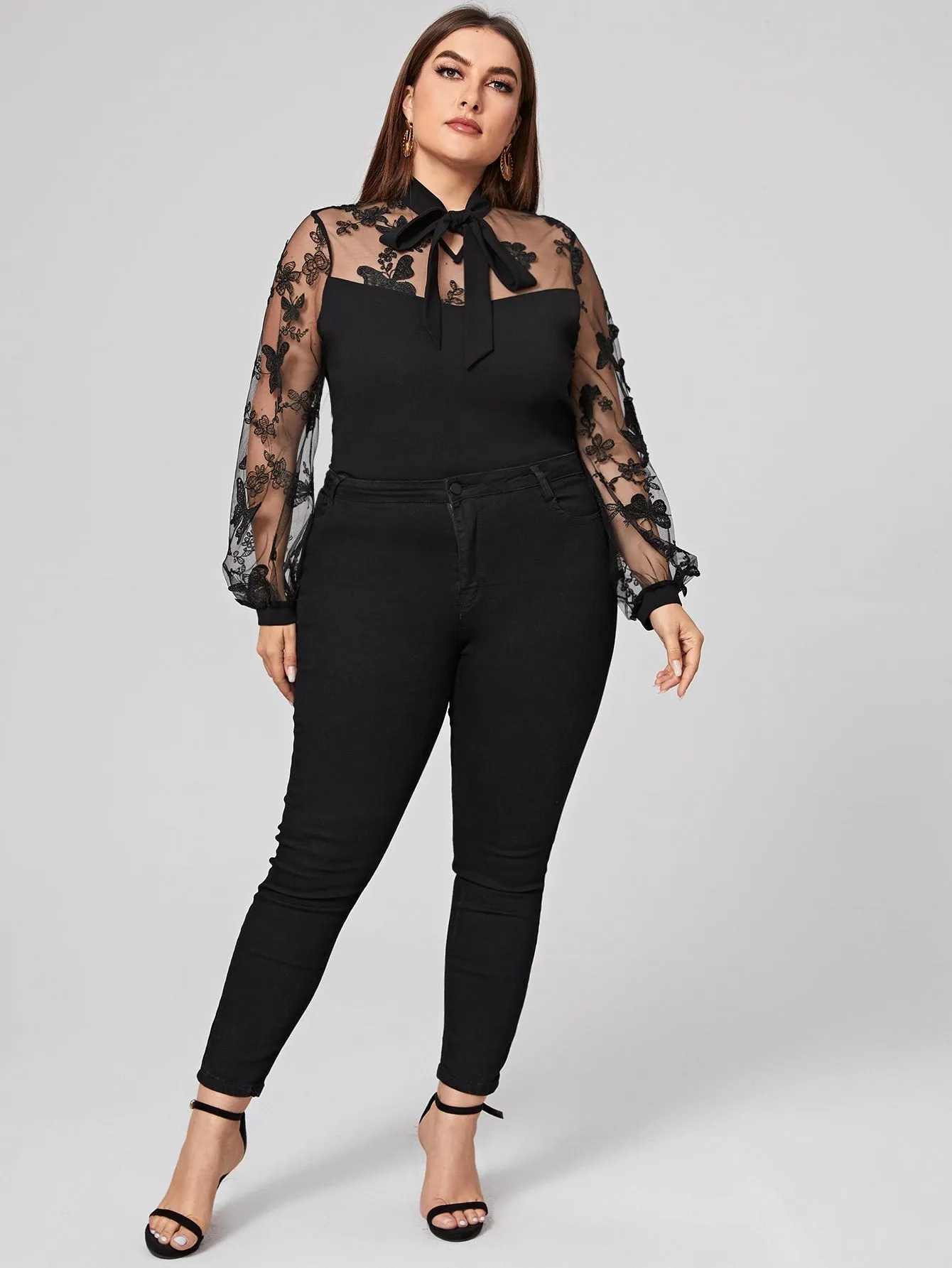 Animal Tie Front Long Sleeve Tie Neck Regular Plus Size Blouse