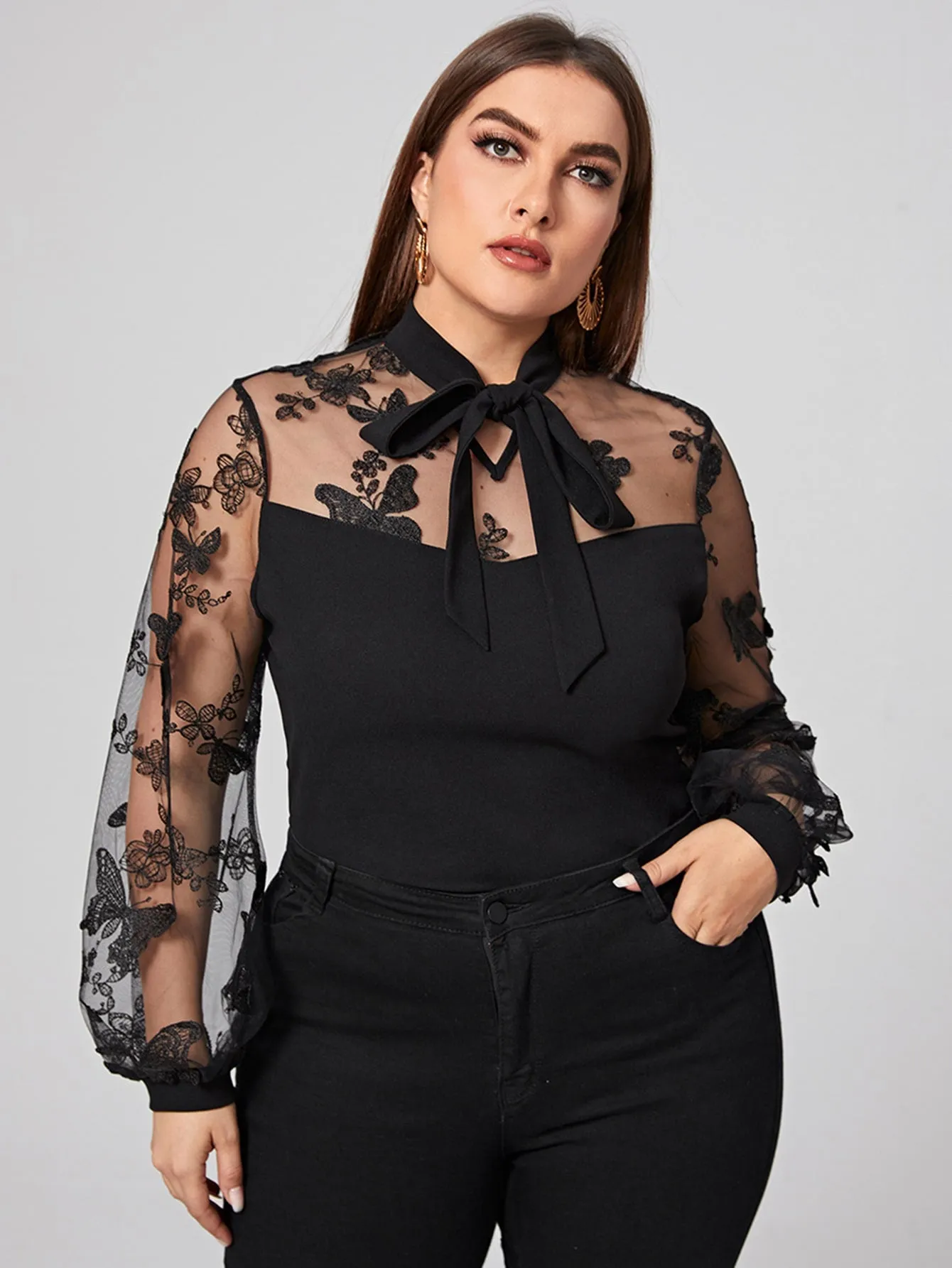 Animal Tie Front Long Sleeve Tie Neck Regular Plus Size Blouse