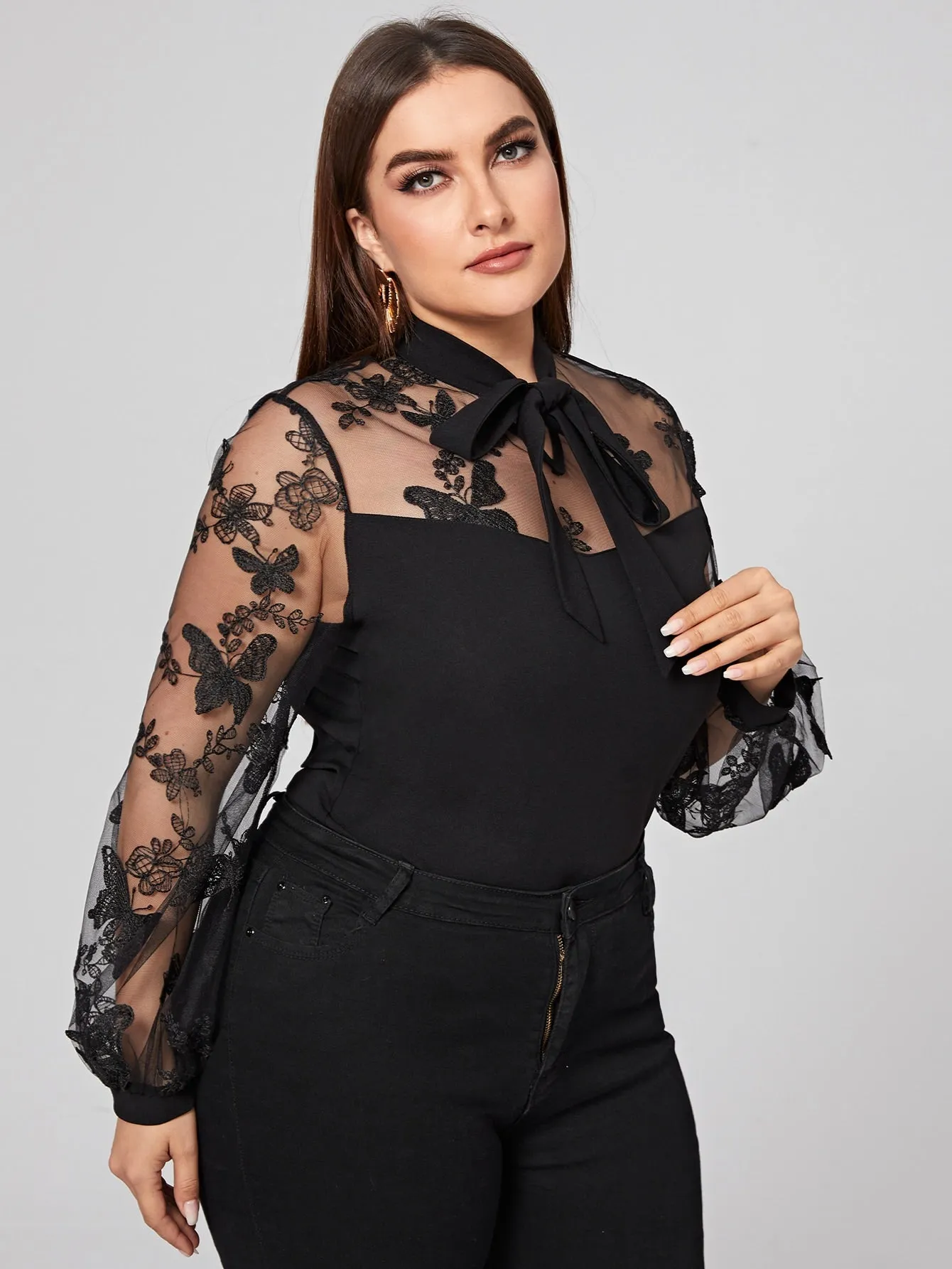 Animal Tie Front Long Sleeve Tie Neck Regular Plus Size Blouse