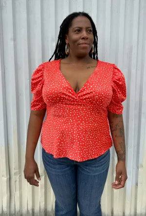 ASOS Bright Red and White Polka Dot V-Neck Puff-Shoulder Blouse, Size 14