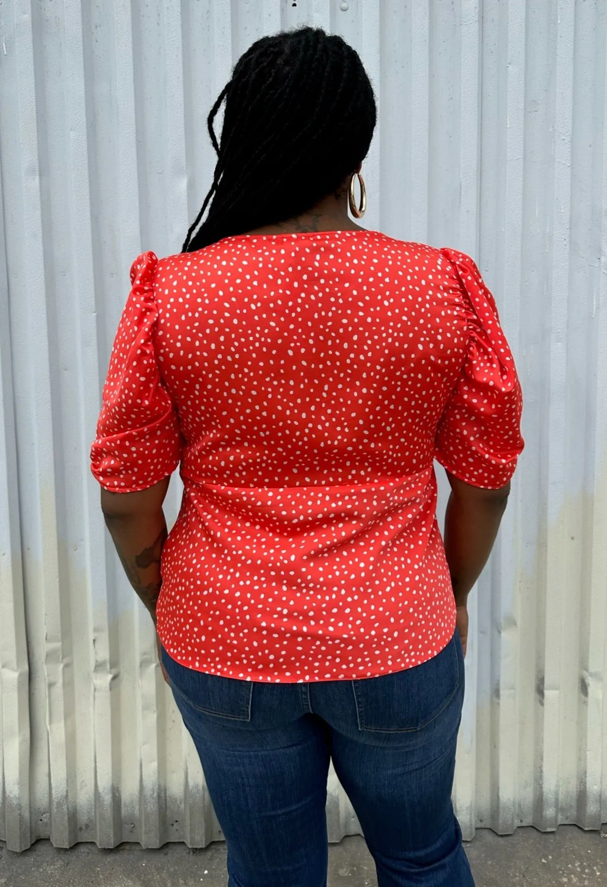 ASOS Bright Red and White Polka Dot V-Neck Puff-Shoulder Blouse, Size 14