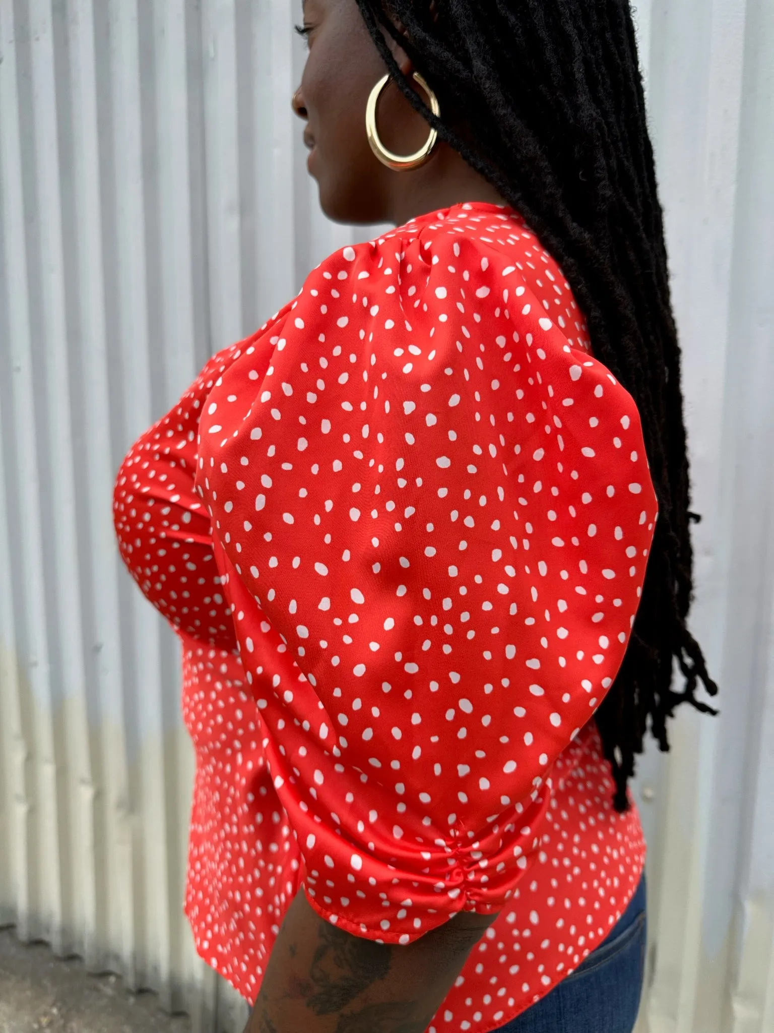 ASOS Bright Red and White Polka Dot V-Neck Puff-Shoulder Blouse, Size 14