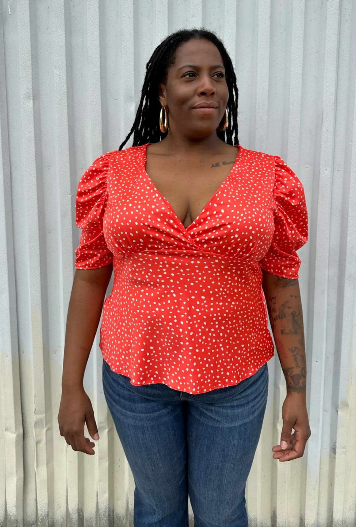 ASOS Bright Red and White Polka Dot V-Neck Puff-Shoulder Blouse, Size 14