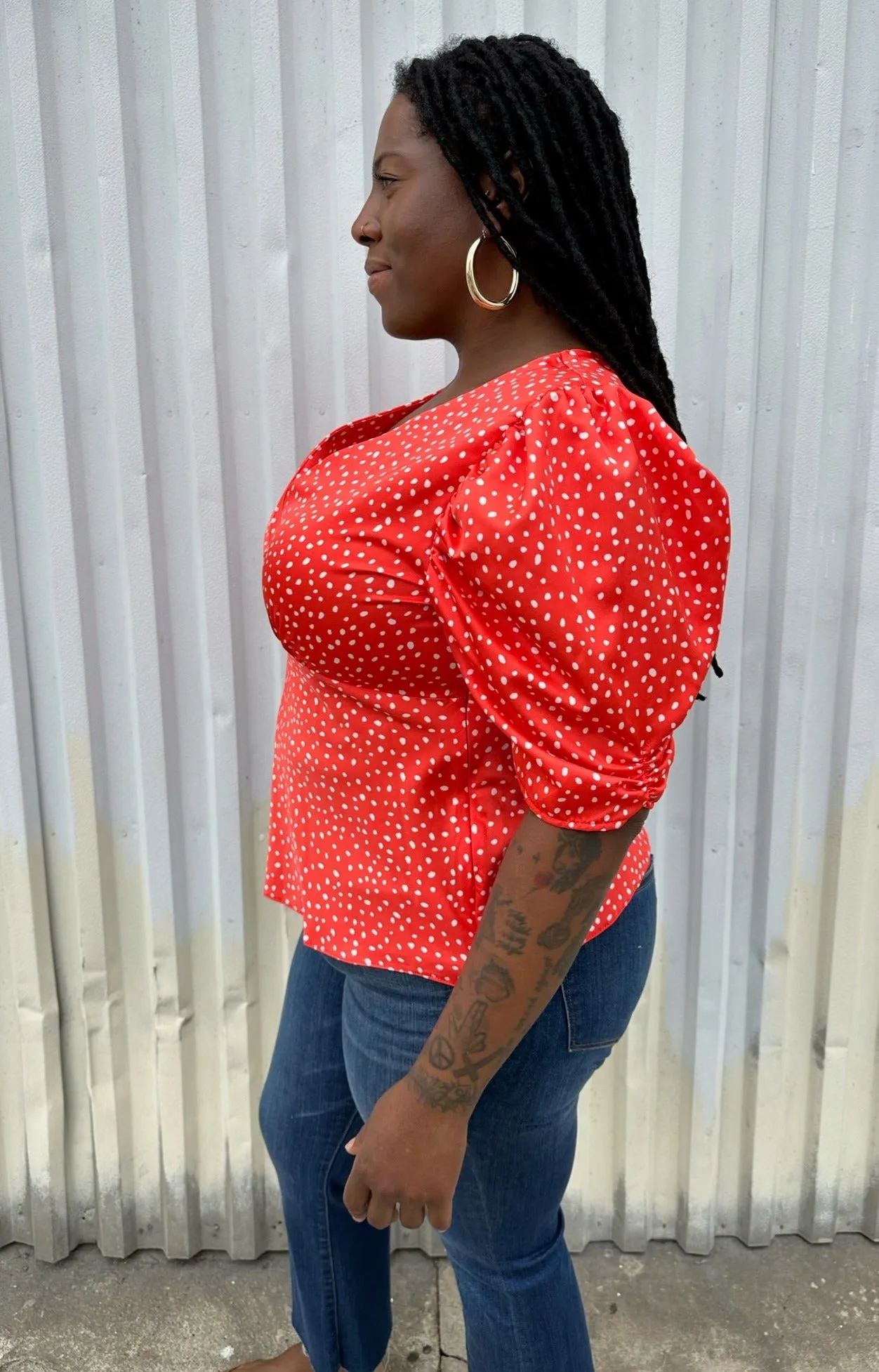 ASOS Bright Red and White Polka Dot V-Neck Puff-Shoulder Blouse, Size 14