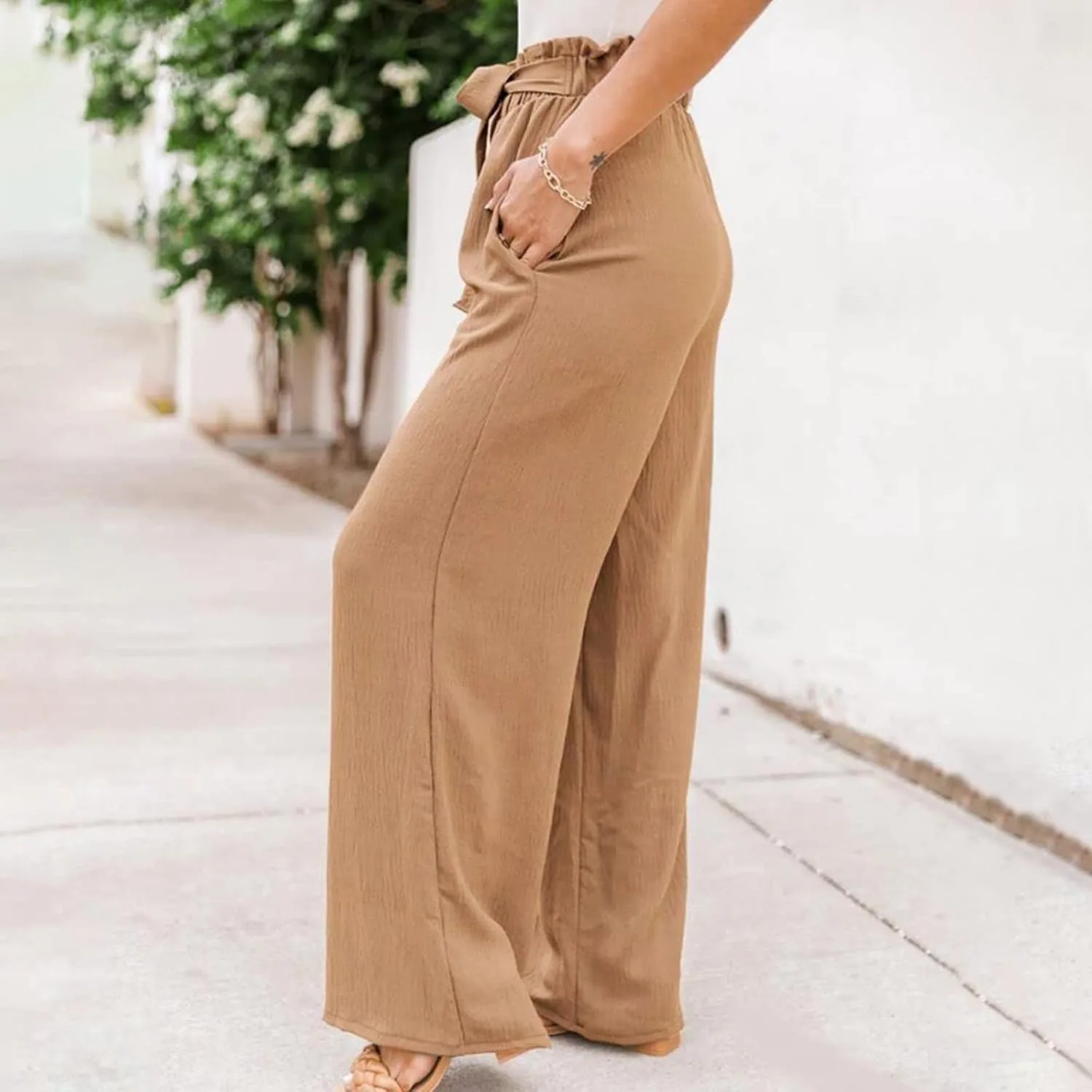 Baggy Flare Pants for Women Cotton Linen Palazzo Pants Drawstring High Waisted Yoga Pants Pockets Summer Comfort Color Pants