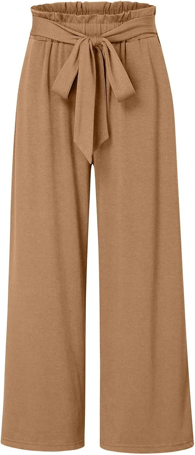 Baggy Flare Pants for Women Cotton Linen Palazzo Pants Drawstring High Waisted Yoga Pants Pockets Summer Comfort Color Pants