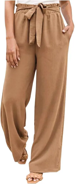 Baggy Flare Pants for Women Cotton Linen Palazzo Pants Drawstring High Waisted Yoga Pants Pockets Summer Comfort Color Pants