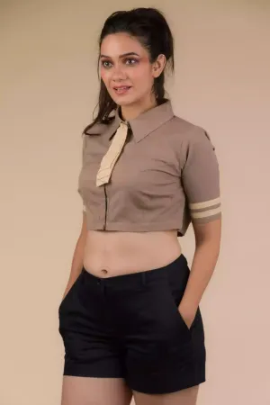 Beauty in Beige Cotton Tie Blouse in Light Brown (Removable Tie)