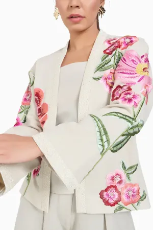 Beige Linen Embroidered Floral Jacket