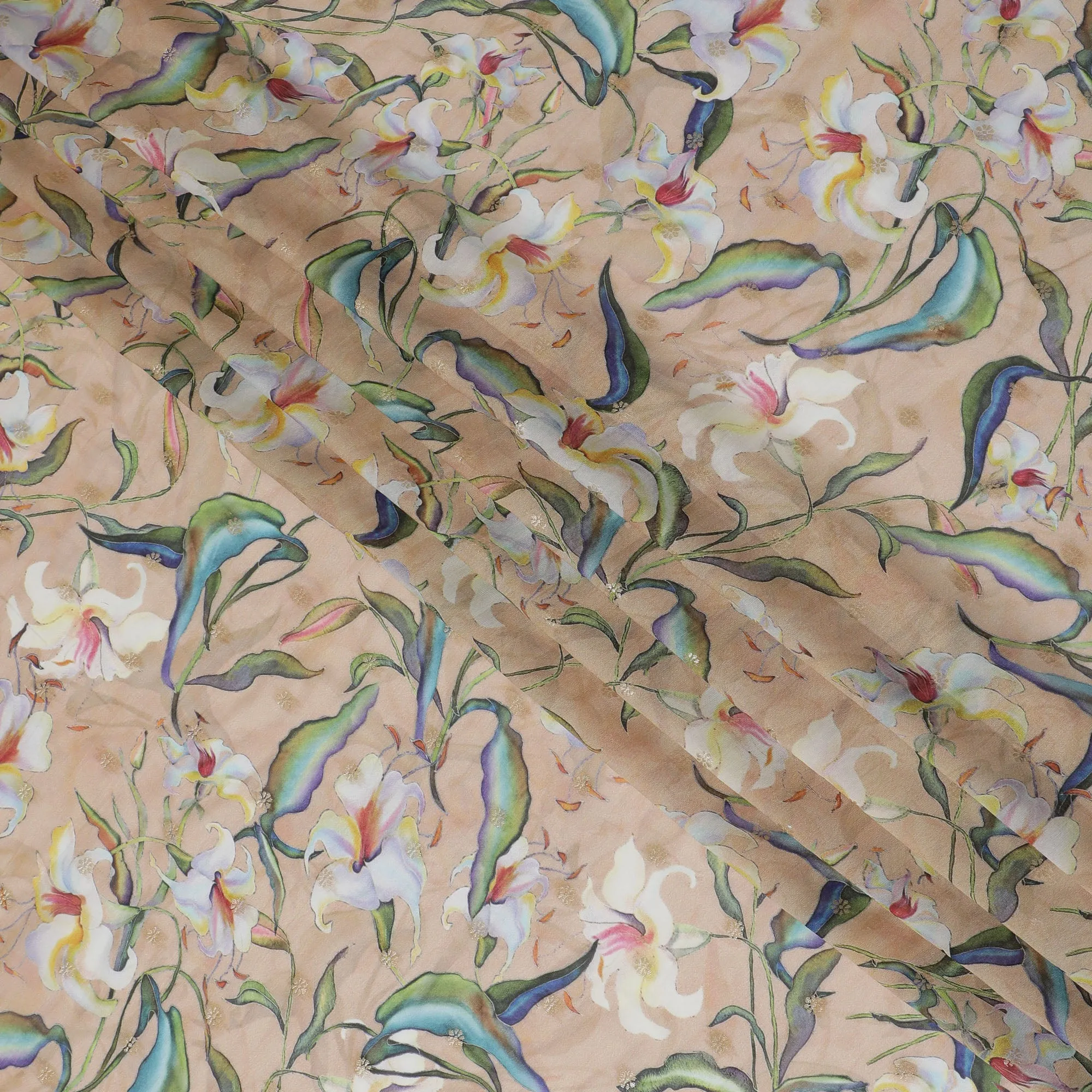 Beige Synthetic Organza Fabric with Multicolor Floral Design, 110 cm Width-D19704