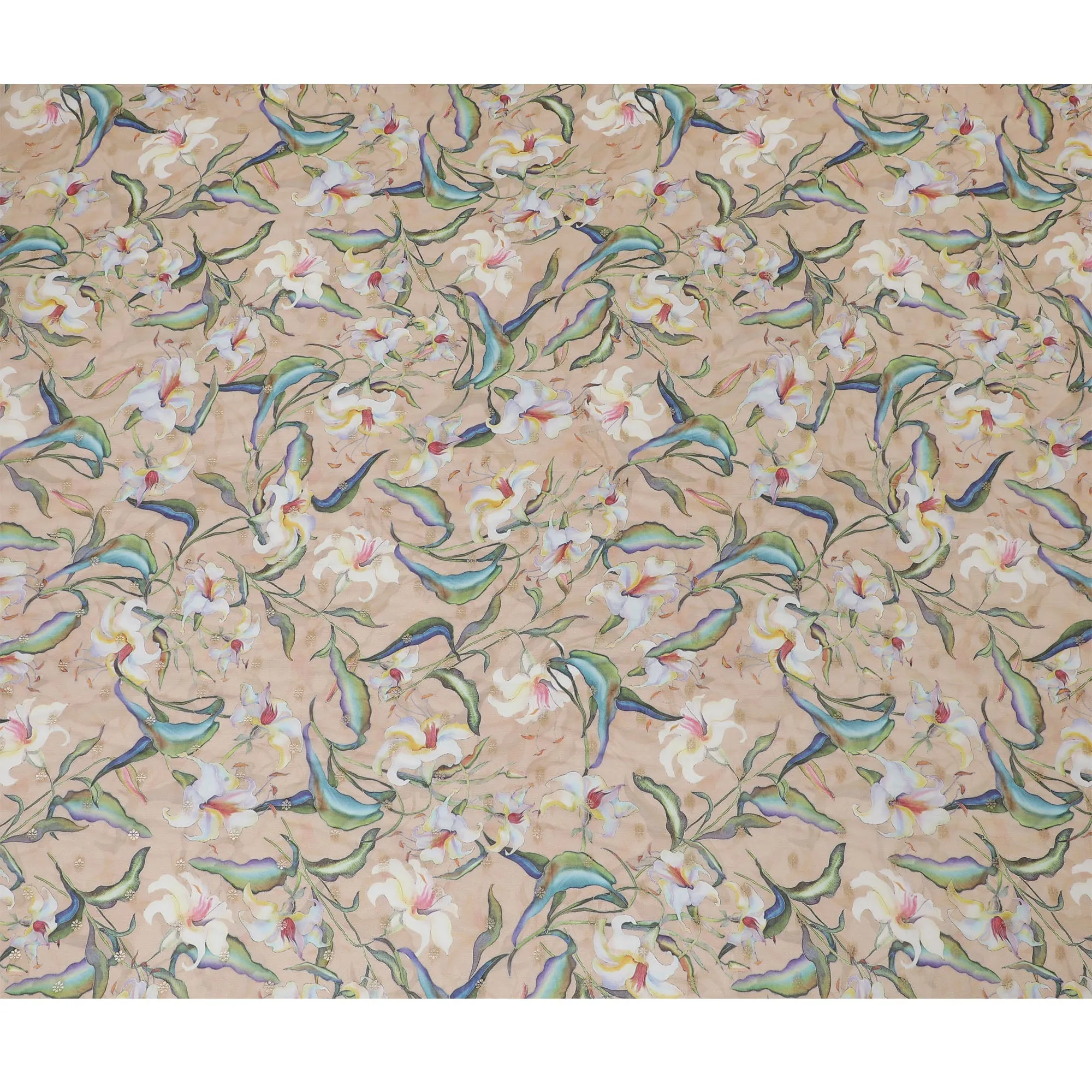 Beige Synthetic Organza Fabric with Multicolor Floral Design, 110 cm Width-D19704