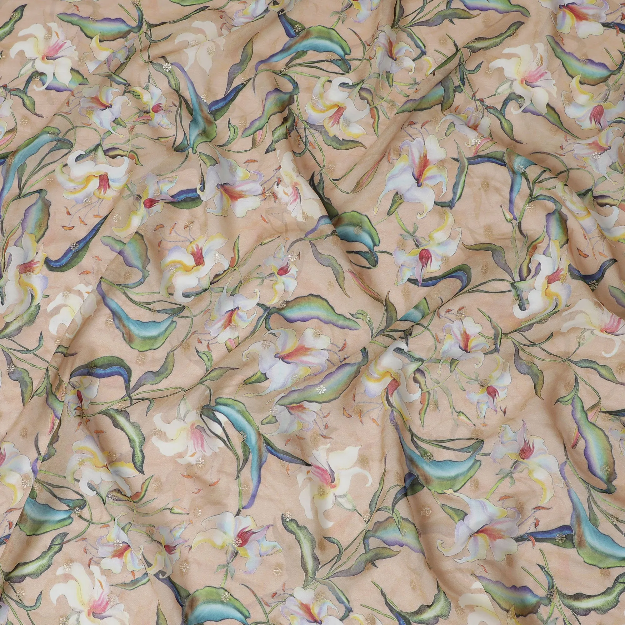 Beige Synthetic Organza Fabric with Multicolor Floral Design, 110 cm Width-D19704