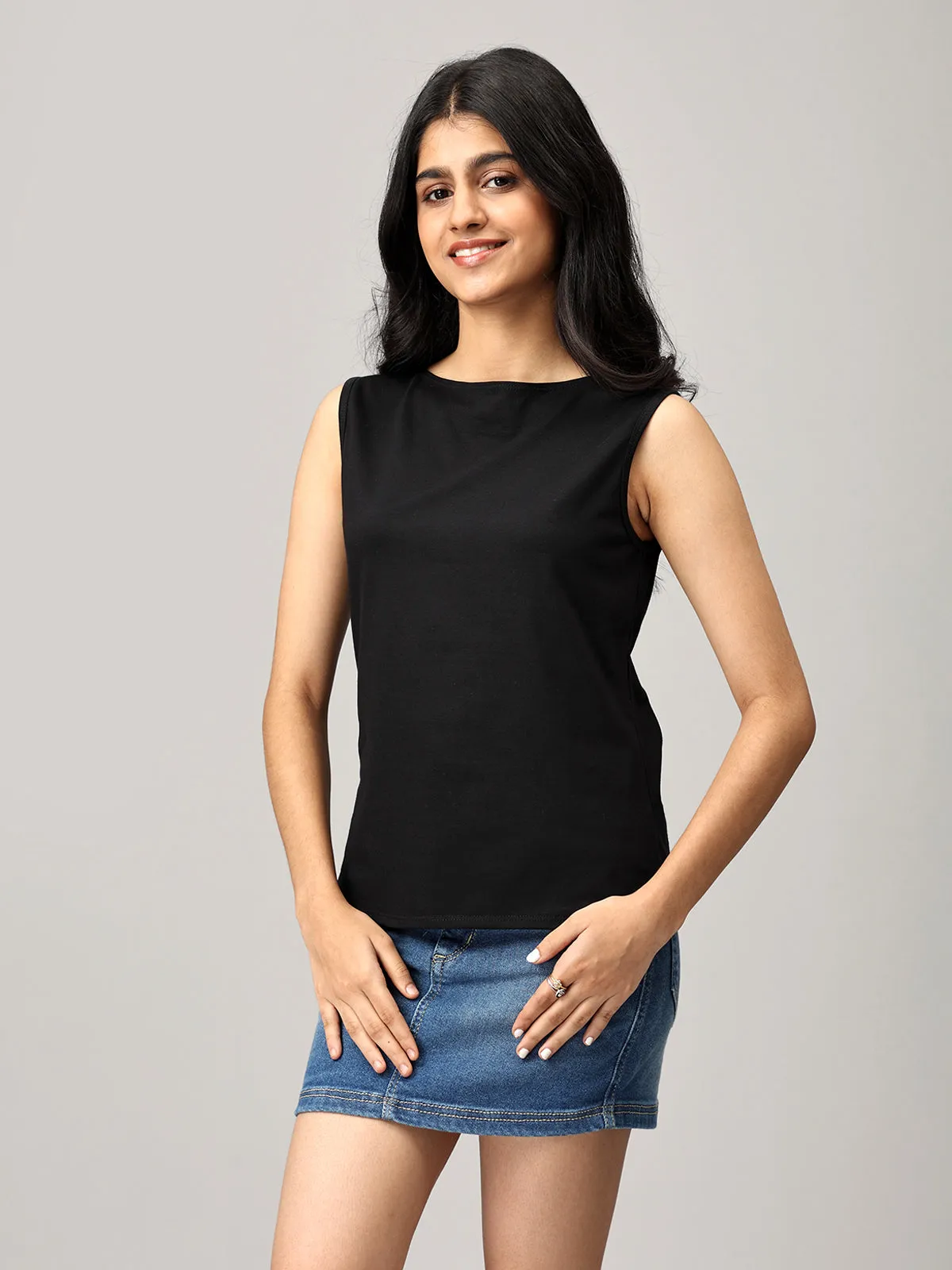 Black Knit Boat Neck Top