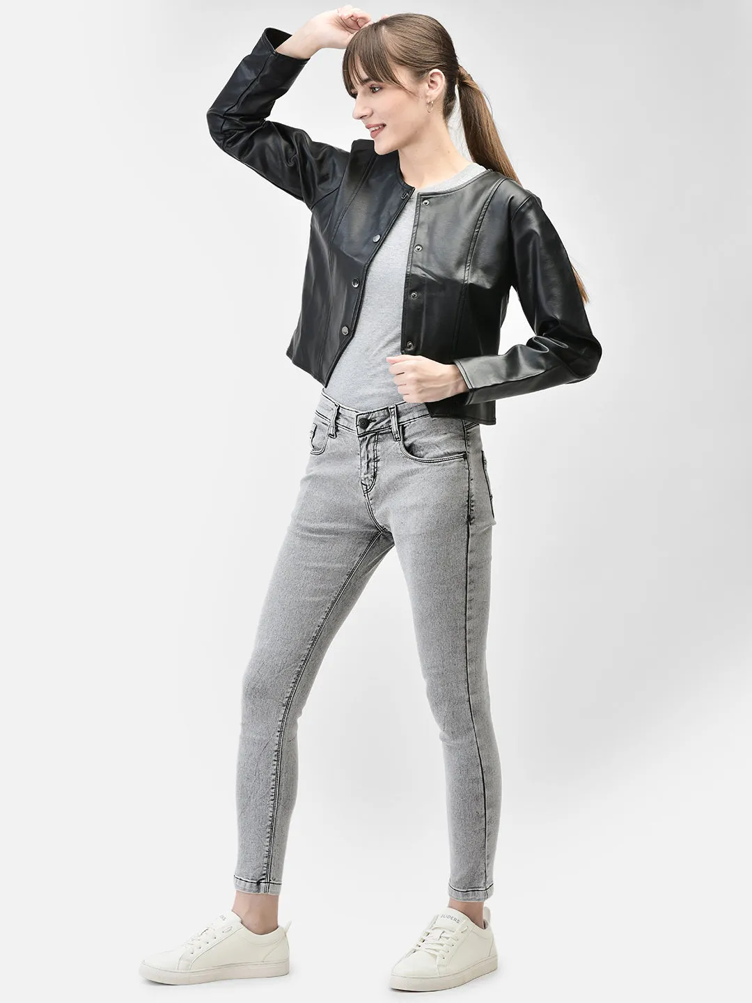 Black Leather Crop Length Jacket