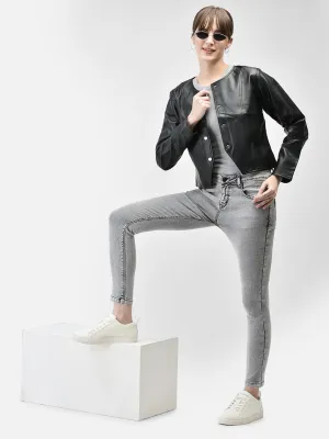 Black Leather Crop Length Jacket