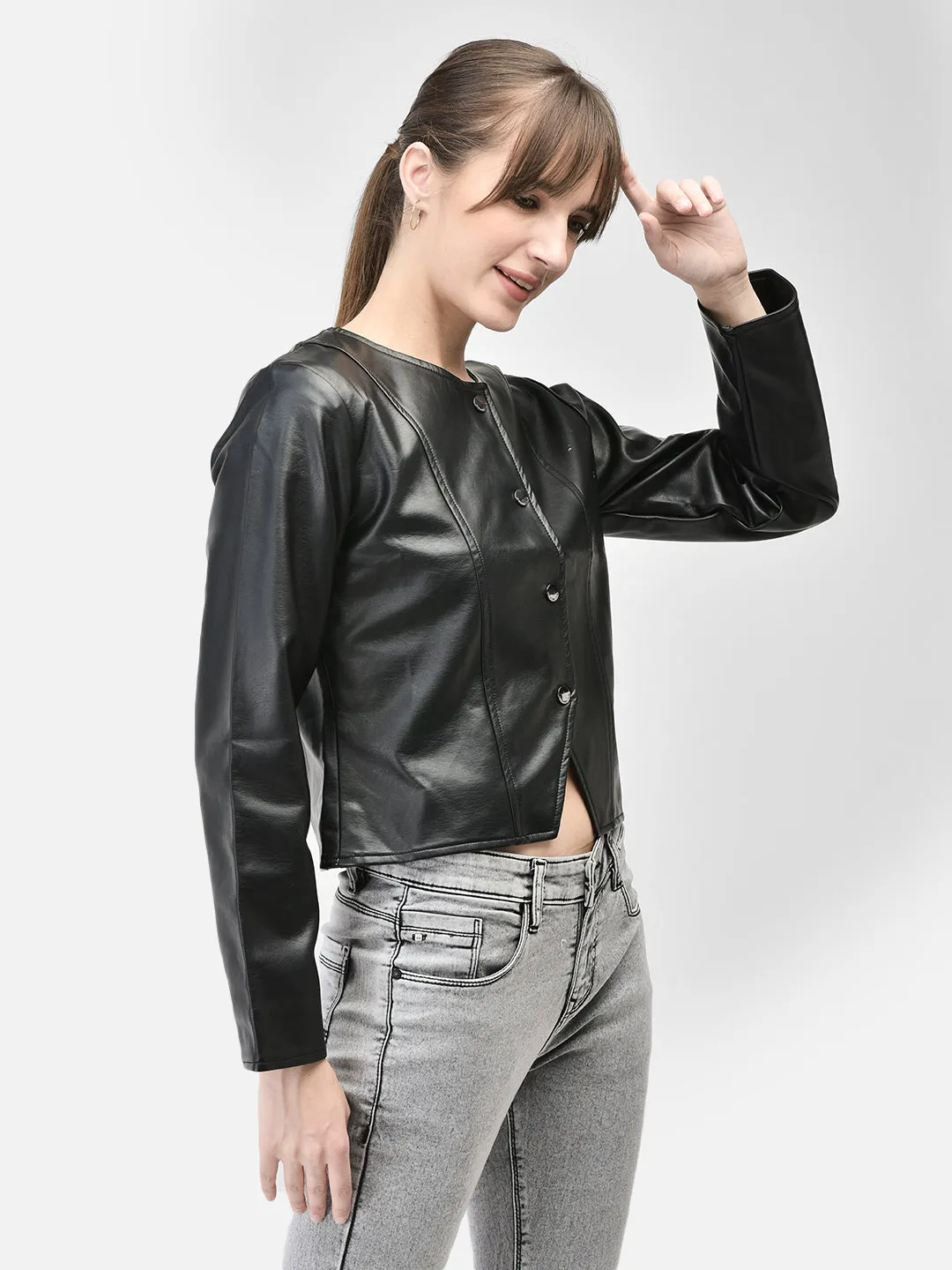 Black Leather Crop Length Jacket