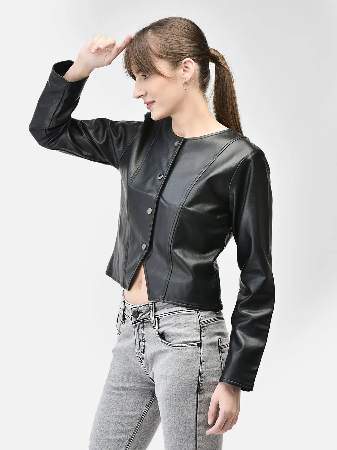 Black Leather Crop Length Jacket