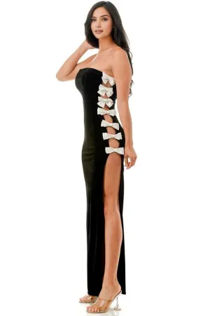 Black Strapless Velvet Bow Detail Maxi Dress