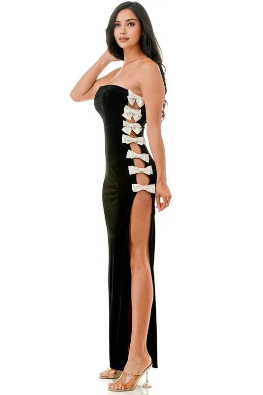 Black Strapless Velvet Bow Detail Maxi Dress