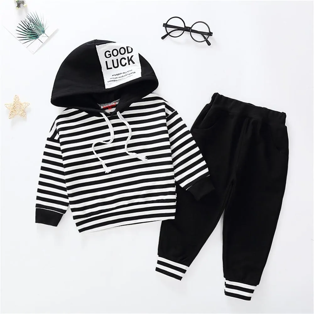 Boys Striped Letter Printed Hooded Long Sleeve Jumper & Trousers