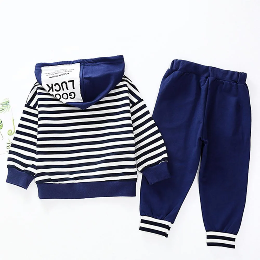 Boys Striped Letter Printed Hooded Long Sleeve Jumper & Trousers