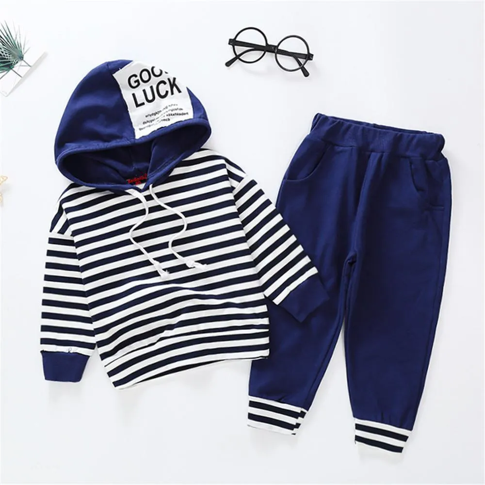 Boys Striped Letter Printed Hooded Long Sleeve Jumper & Trousers