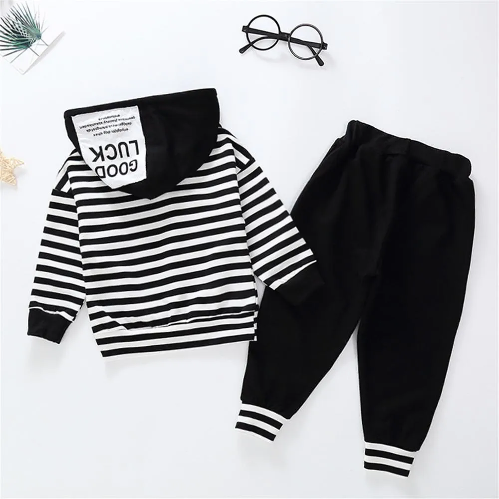 Boys Striped Letter Printed Hooded Long Sleeve Jumper & Trousers