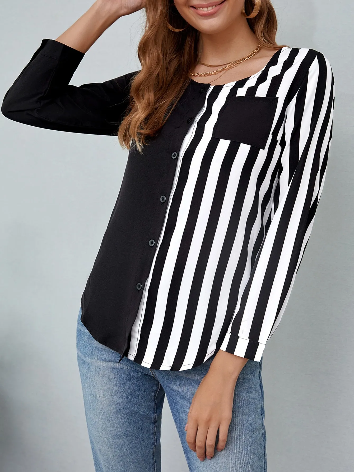 Casual Striped Button Front Long Sleeve Round Neck Regular Blouse