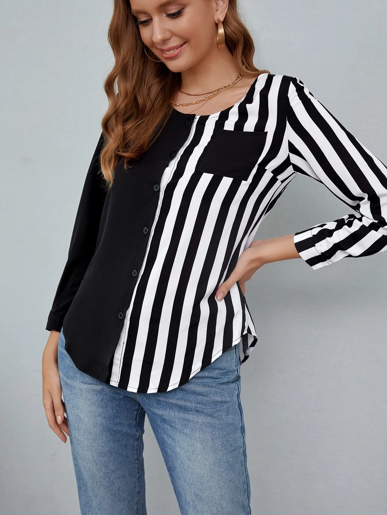 Casual Striped Button Front Long Sleeve Round Neck Regular Blouse