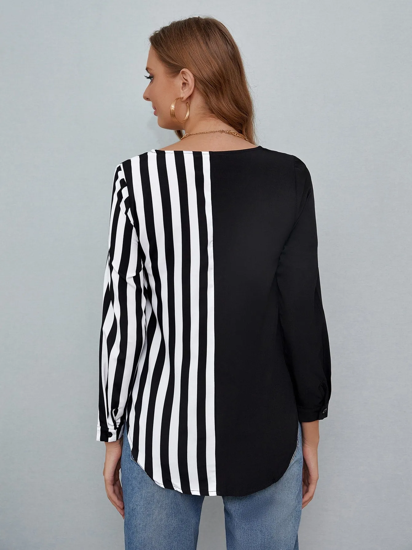Casual Striped Button Front Long Sleeve Round Neck Regular Blouse