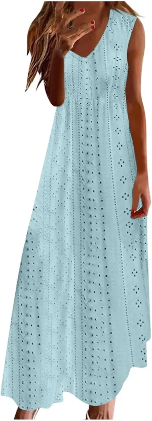 Ceboyel Women Bohemian Maxi Dresses 2024 Summer Vacation Tank Dress Trendy Sleeveless Eyelet Dresses Dressy Causal Clothes