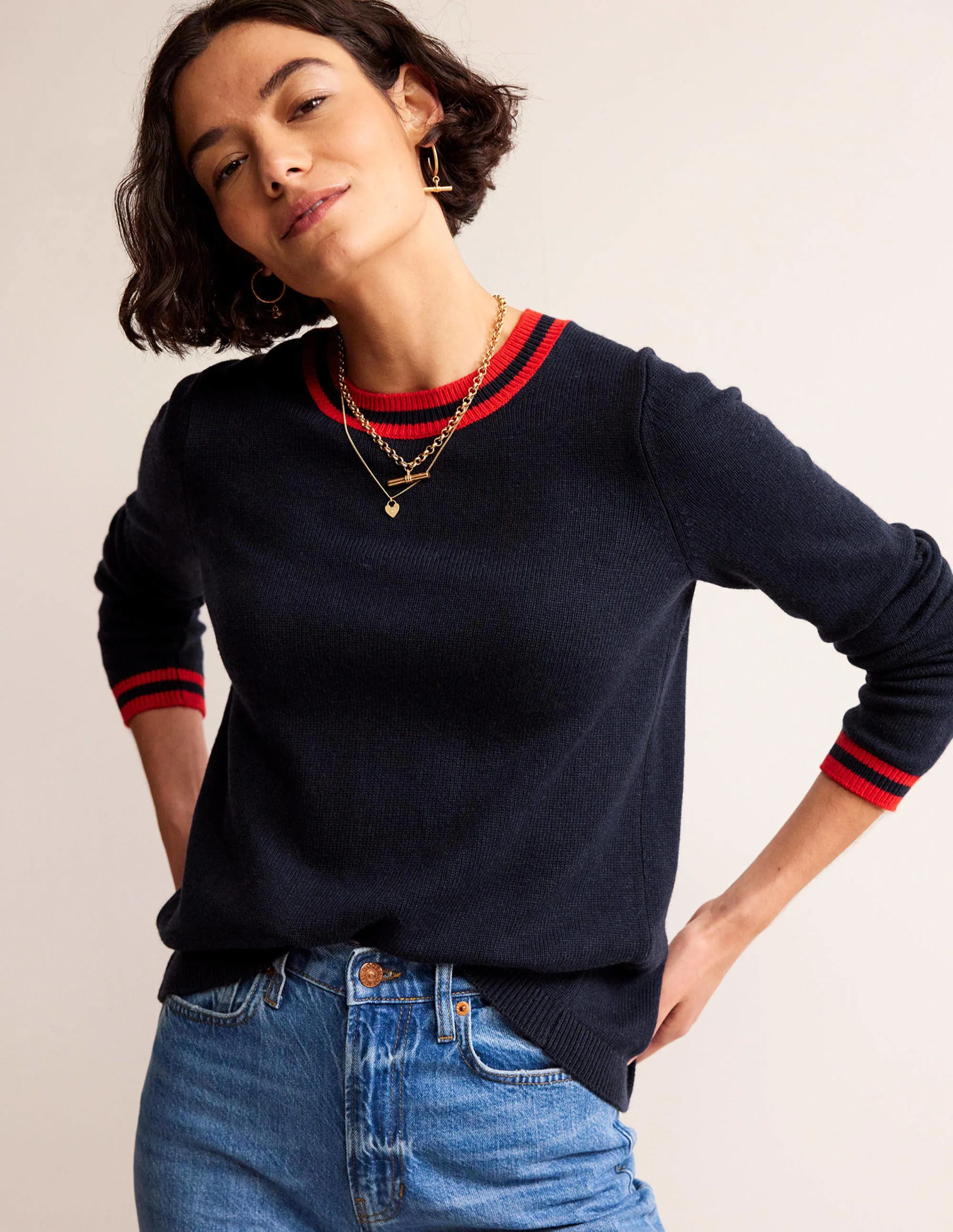 Cecily Button Back Jumper-Navy, Brand Stripe