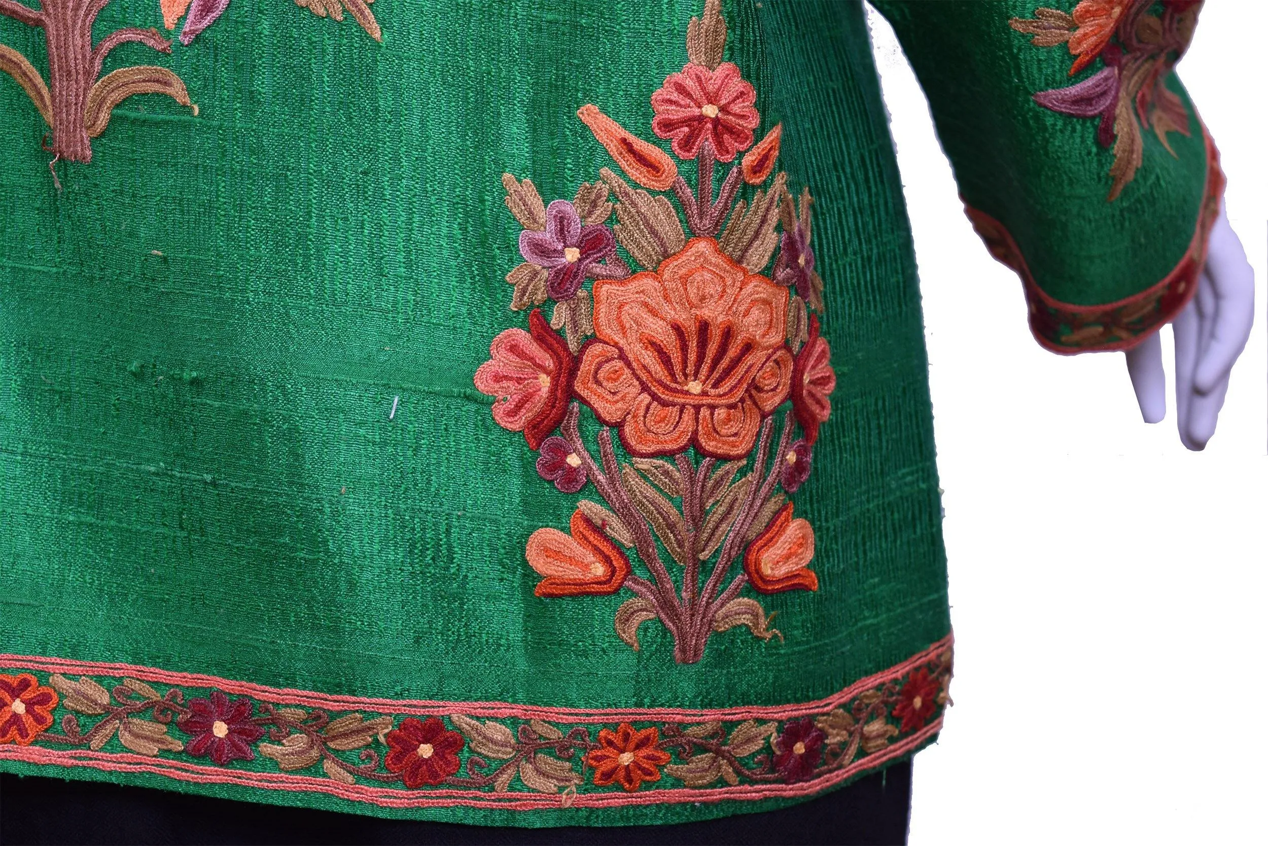 Ceres Green Silk Dinner Jacket Floral Evening Dress Coat Hand Embroidered Kashmir (Copy)