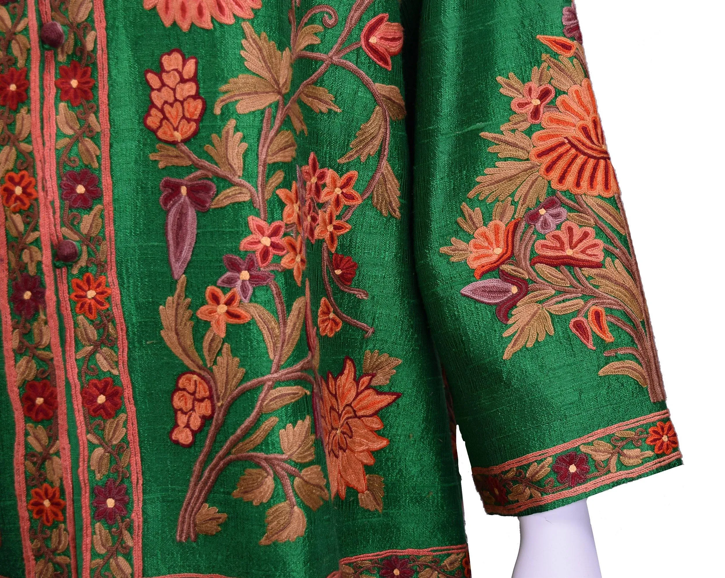 Ceres Green Silk Dinner Jacket Floral Evening Dress Coat Hand Embroidered Kashmir (Copy)