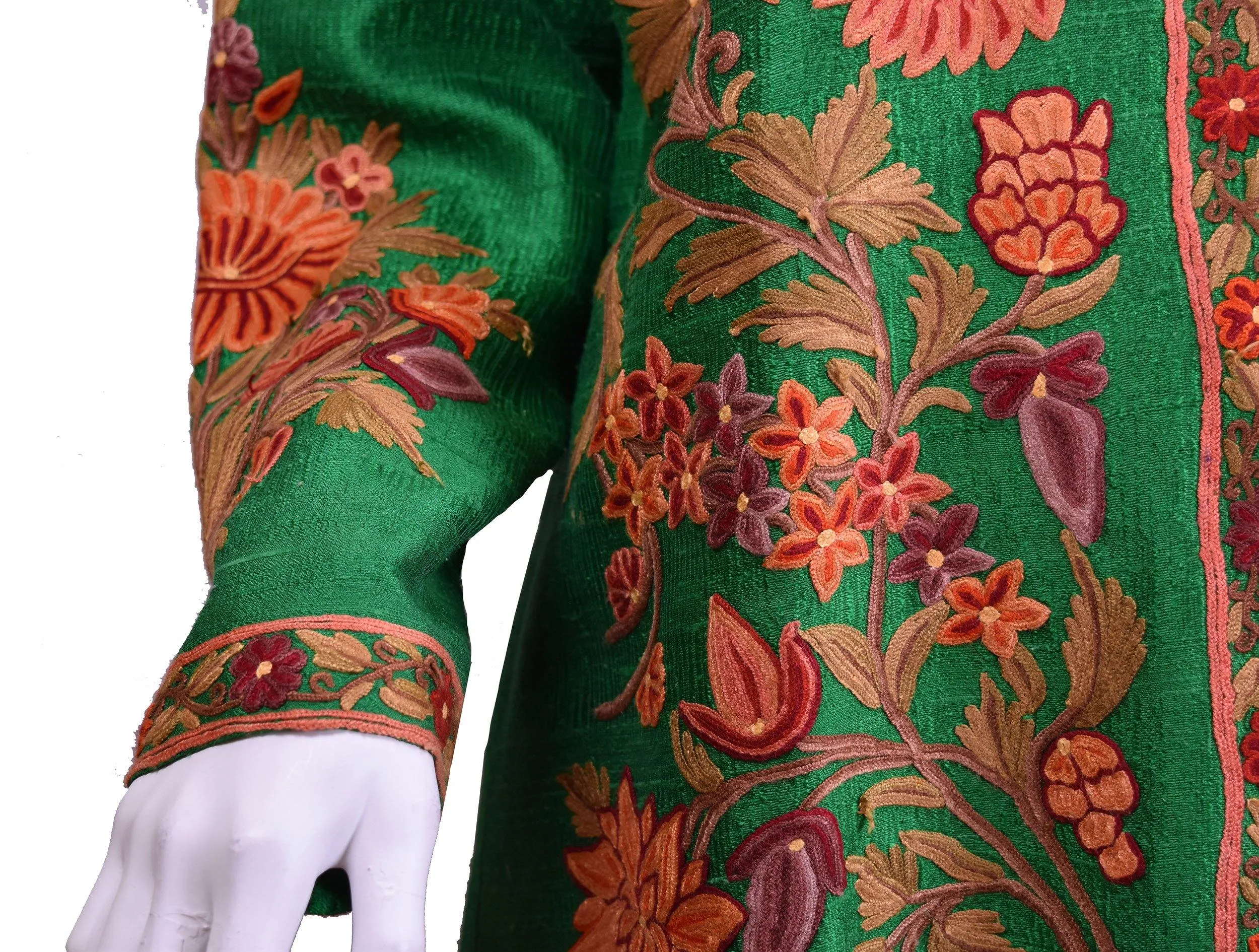 Ceres Green Silk Dinner Jacket Floral Evening Dress Coat Hand Embroidered Kashmir (Copy)
