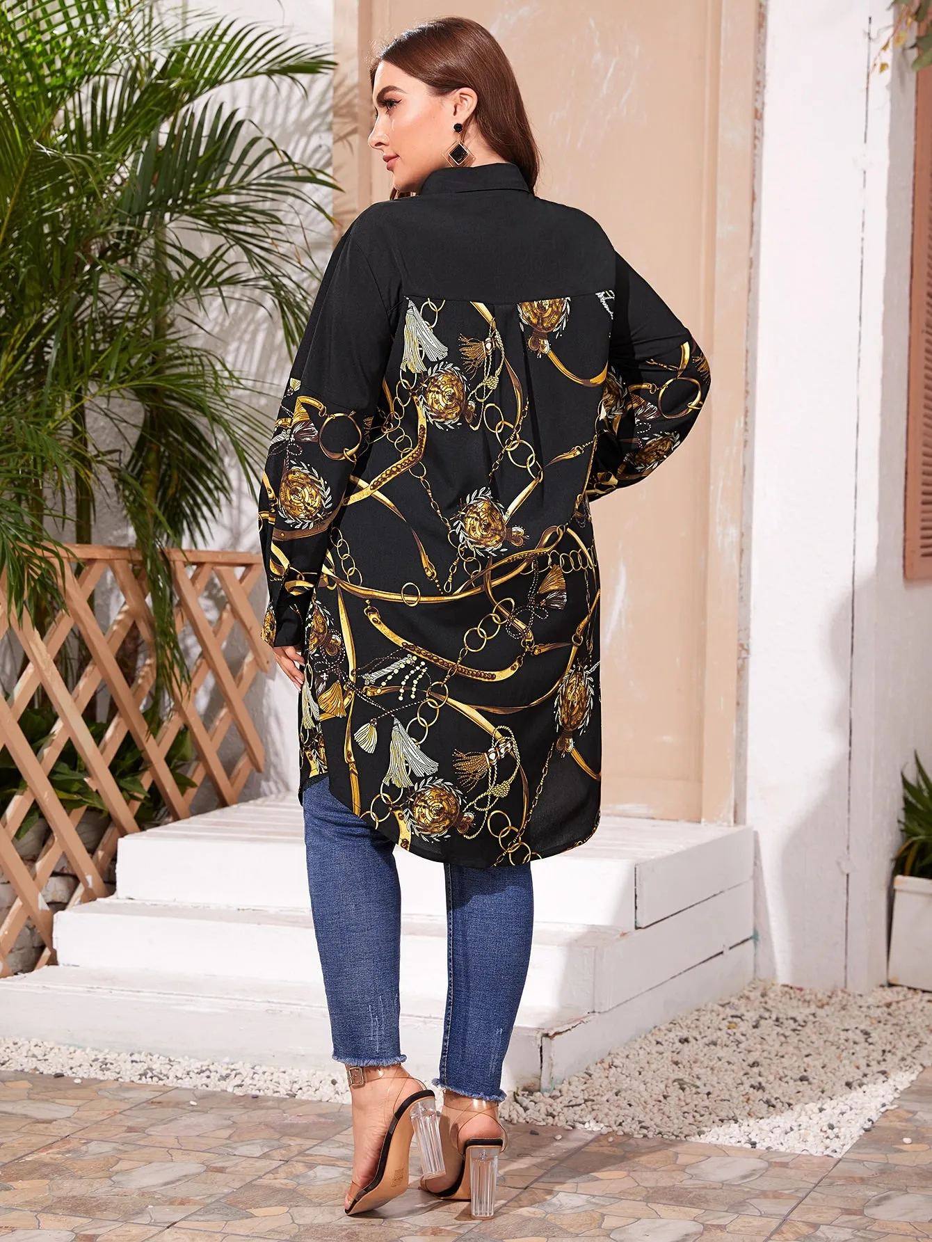 Chain Print Button Front Long Sleeve Collar Long Plus Blouse