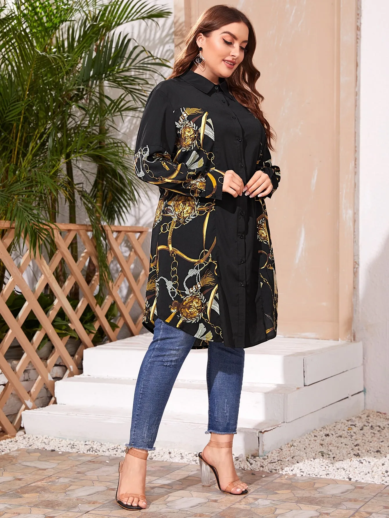 Chain Print Button Front Long Sleeve Collar Long Plus Blouse