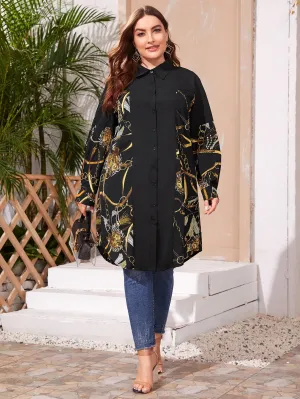 Chain Print Button Front Long Sleeve Collar Long Plus Blouse