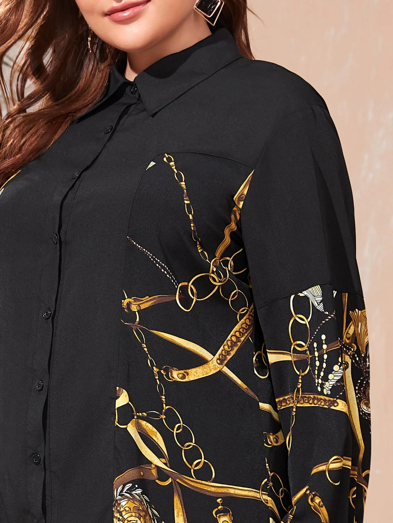 Chain Print Button Front Long Sleeve Collar Long Plus Blouse