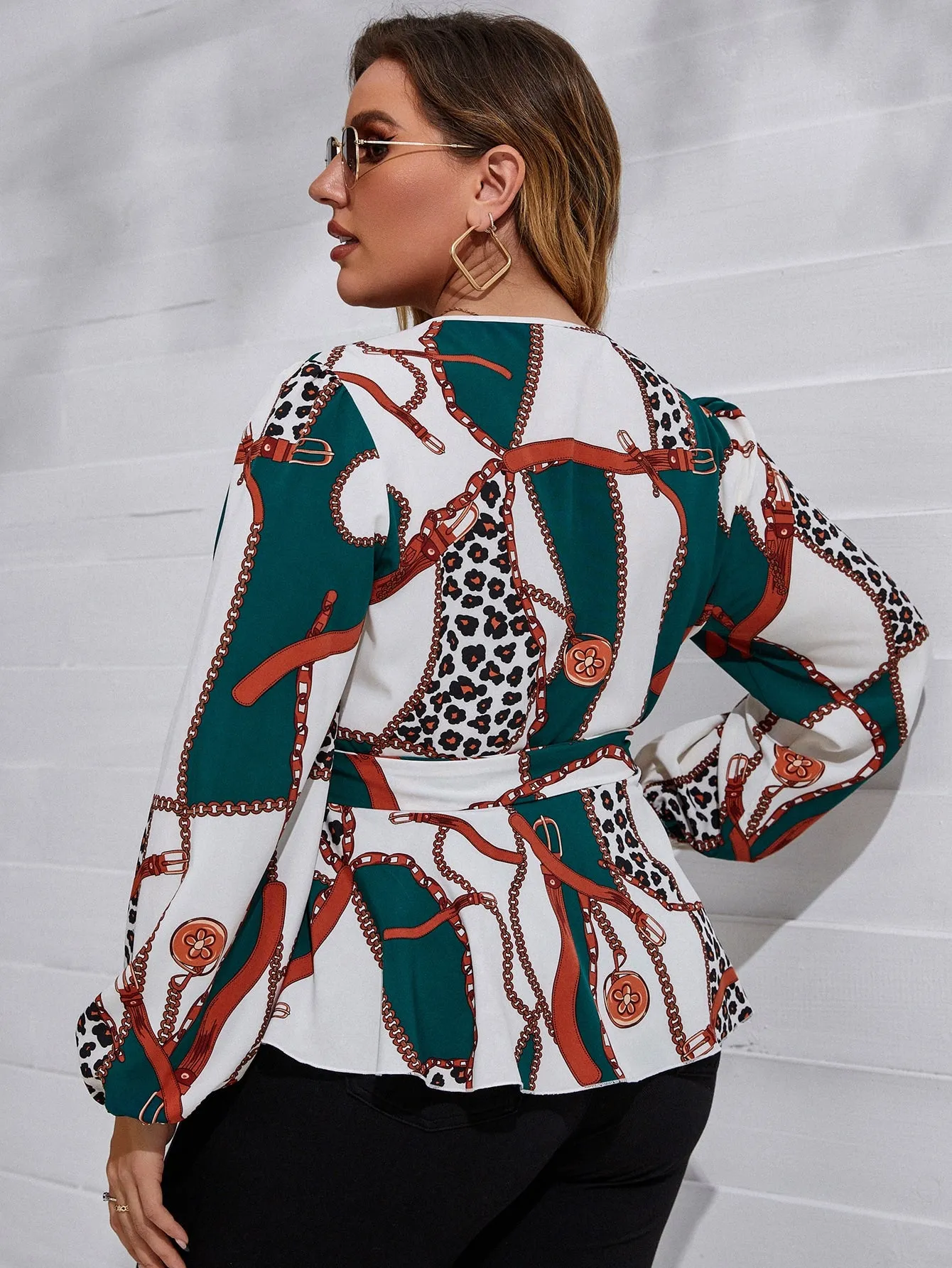 Chain Print Wrap Long Sleeve V Neck Regular Plus Size Blouse