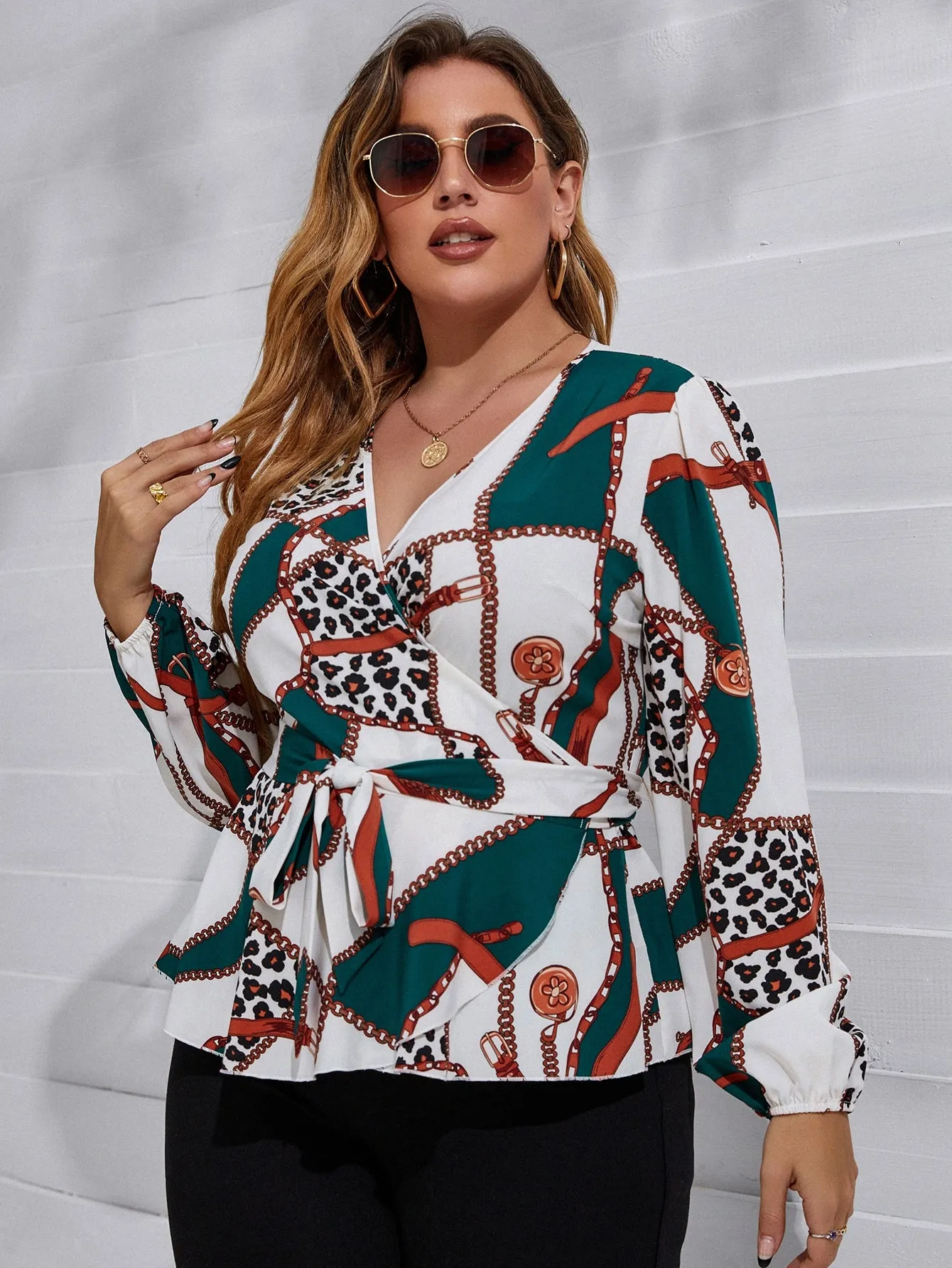 Chain Print Wrap Long Sleeve V Neck Regular Plus Size Blouse