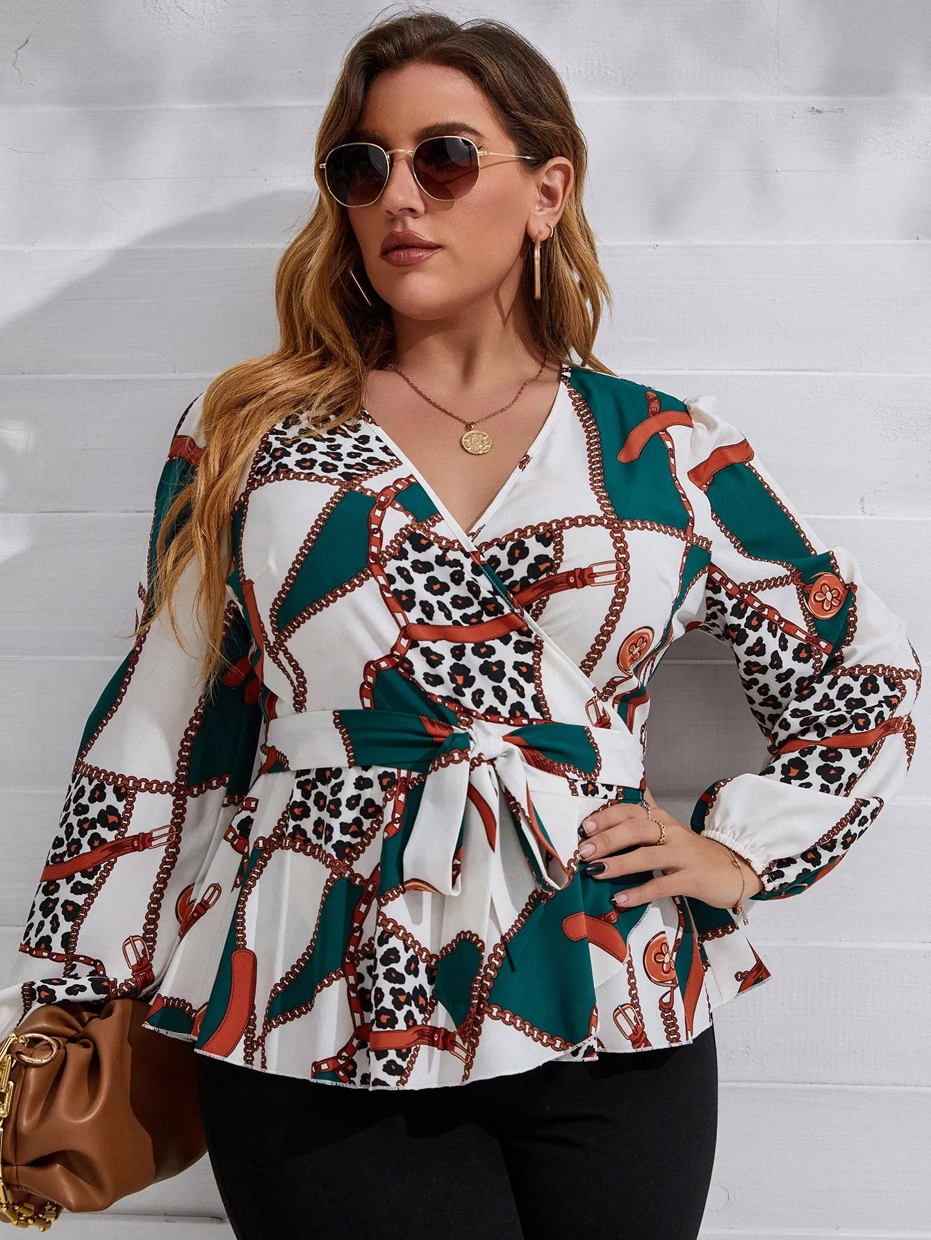 Chain Print Wrap Long Sleeve V Neck Regular Plus Size Blouse