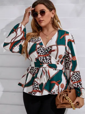 Chain Print Wrap Long Sleeve V Neck Regular Plus Size Blouse