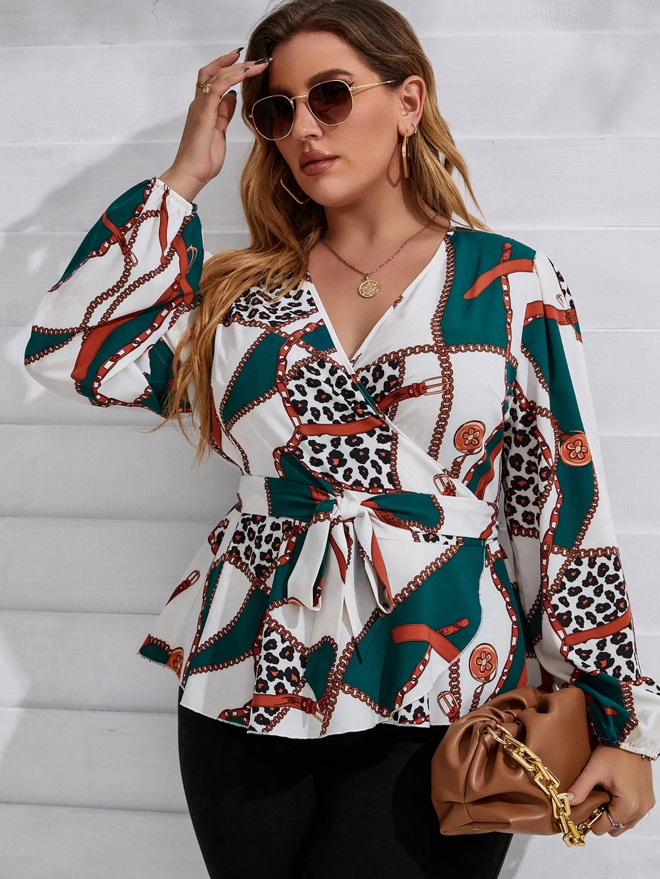 Chain Print Wrap Long Sleeve V Neck Regular Plus Size Blouse