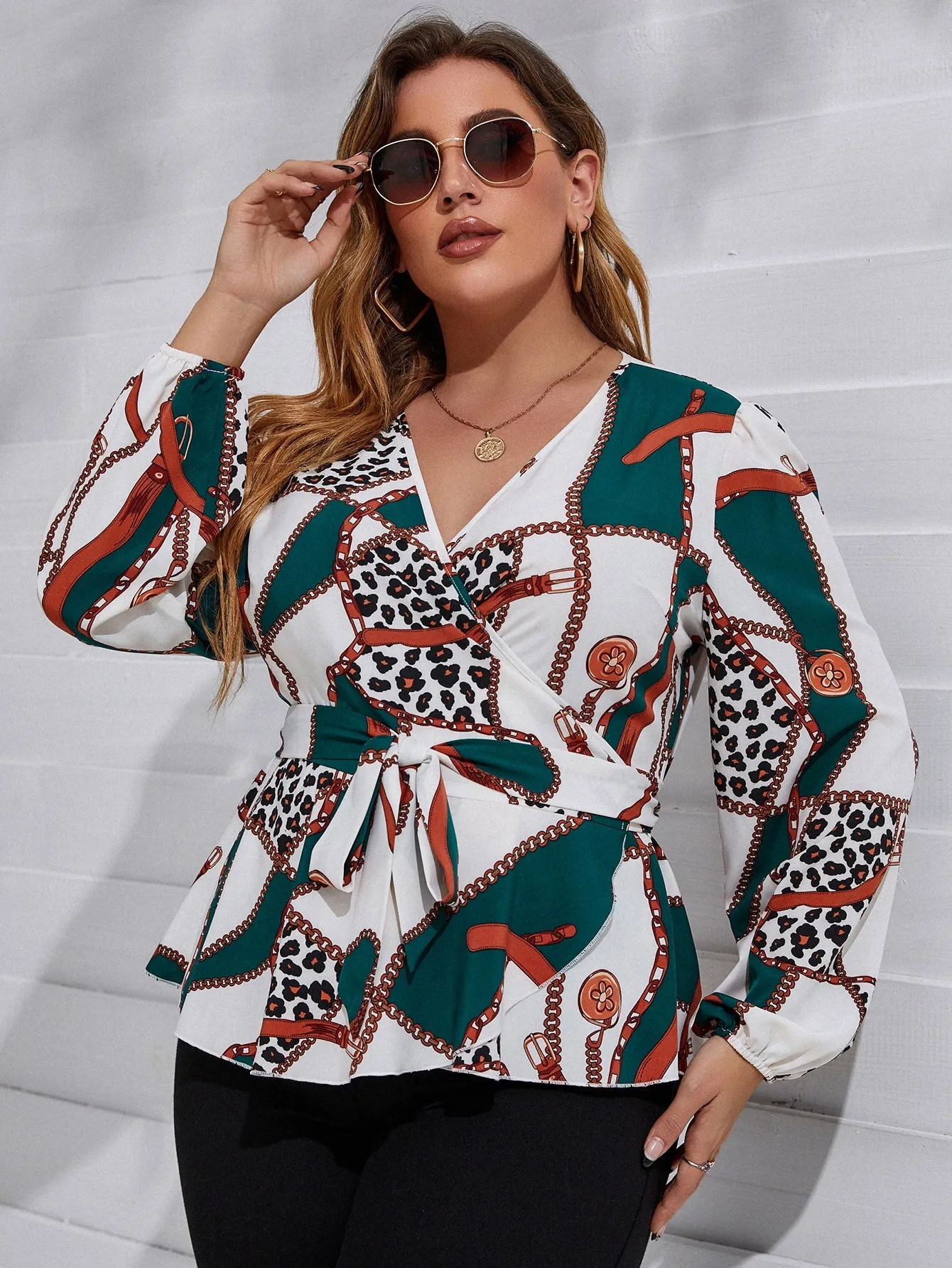 Chain Print Wrap Long Sleeve V Neck Regular Plus Size Blouse